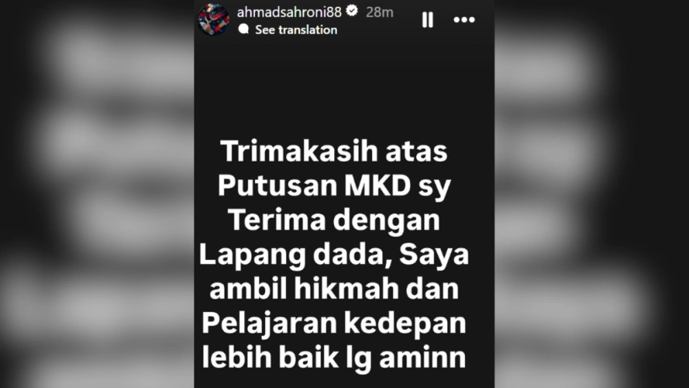 Politikus NasDem Ahmad Sahroni menerima keputsan MKD DPR RI yang menjatuhkan sanksi penonaktifan sebagai Anggota DPR selama 6 bulan. [Instagram]